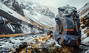 Hikers backpack resting against a mountain rock with ENDURE painted on it amidst snowy peaks, embodying the spirit of photo