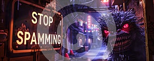 Humorous concept of digital etiquette with a Stop Spamming sign and a menacing mythical creature lurking in a dark, urban