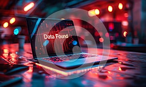 Illuminated laptop screen displaying Data Found with a vibrant red binary code background in a dimly lit urban setting