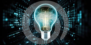 Innovative light bulb in virtual cyberspace network with binary code background. Generative AI