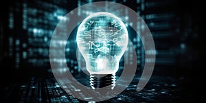 Innovative light bulb in virtual cyberspace network with binary code background. Generative AI