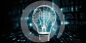 Innovative light bulb in virtual cyberspace network with binary code background. Generative AI