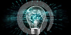 Innovative light bulb in virtual cyberspace network with binary code background. Generative AI