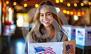 Joyful young woman exercising her civic duty with a smile, casting a ballot at a voting booth adorned with American flags during