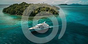 Luxury Yacht anchored in tropical paradise. Aerial view of yacht surrounded by crystal-clear turquoise waters anchored in a