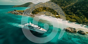 Luxury Yacht anchored in tropical paradise. Aerial view of yacht surrounded by crystal-clear turquoise waters anchored in a