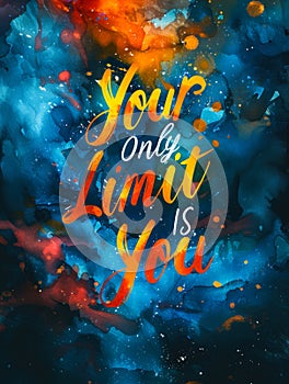 Motivational poster with Your Only Limit Is You message in bold typography on a starry night background, inspiring self photo