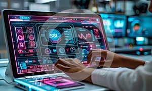 Person Using Laptop with Virtual Interface Displaying SSL Secure Sockets Layer and Security Icons for Encrypted Internet