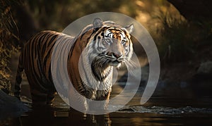 photo of Bengal tiger standing in water in its natural habitat. Generative AI