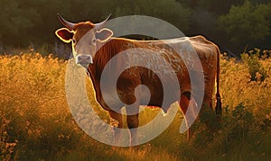 Photo of Guernsey cow grazing in a lush golden meadow at sunrise lighting emphasizes the cows gentle nature and iconic rust