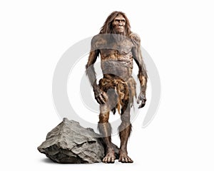 photo of Neanderthal archaic human isolated on white background. Generative AI photo