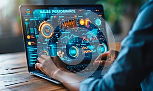 Professional Analyzing Sales Performance Metrics Using a Digital Interface with Graphs and Data Icons on a Laptop