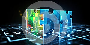 Puzzle teamwork in virtual cyberspace network with binary code. Generative AI