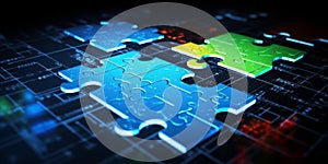 Puzzle teamwork in virtual cyberspace network with binary code. Generative AI