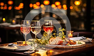 Romantic Repast Restaurant Table Bathed in Soft Light with Wine and Treats photo
