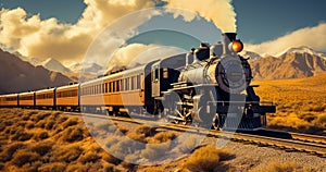 steam train chugging along the track in the American west photo