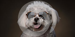 Sunny Side Up Smiling Bichon Frise Dog in Sunglasses Adding Cuteness and Joy in a stduio shot. Generative AI photo