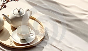 Top view of modern minimal beautiful white ceramic teapot teacup with saucer on brown straw mat wooden tray on cream tablecloth in