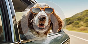 Traveling with Style Cute Basset Hound Dog with Sunglasses and Leash on Summer Road Trip - Generative AI