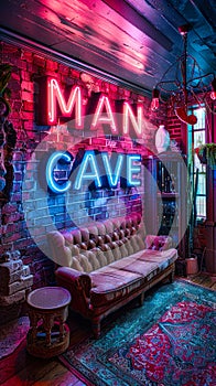 Vibrant neon sign spelling MAN CAVE on a brick wall backdrop enveloped in a mystical blue and red smoke, symbolizing a