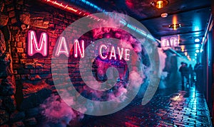 Vibrant neon sign spelling MAN CAVE on a brick wall backdrop enveloped in a mystical blue and red smoke, symbolizing a