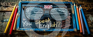 Vintage chalkboard with Do You Speak English? question, British flag, and pencils on rustic wooden backdrop, representing