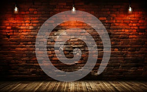 Vintage textured red brick wall with spotlight shining in the center ideal for backgrounds or as a grunge design element