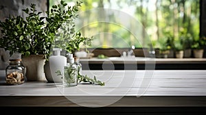 White bathroom interior. Empty wooden table top for product display with blurred bathroom interior background