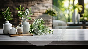 White bathroom interior. Empty wooden table top for product display with blurred bathroom interior background