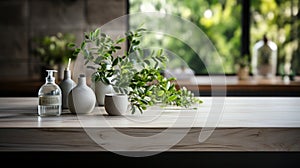 White bathroom interior. Empty wooden table top for product display with blurred bathroom interior background