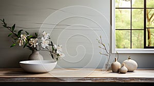 White bathroom interior. Empty wooden table top for product display with blurred bathroom interior background