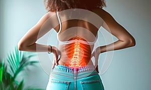 Woman in casual clothes suffering from chronic lower back pain, highlighted area showing lumbar spine and intestines, concept
