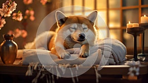 Zen Moments Relaxing Spa Treatment with Smiling Shiba Inu Dog - Generative AI