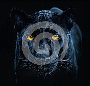 GeneratedA black panther with bright yellow eyes gazes intensely in the darkness, blending seamlessly into its surroundings image