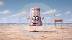 Generating AI illustration of adorable pink and white stripe monster on beach and sea view background
