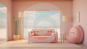 Generating AI illustration of a lovely pink cushion sofa