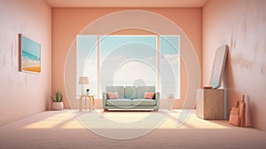 Generating AI illustration of minimal blue cushion sofa and pink pillows