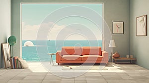 Generating AI illustration of a minimal orange cushion sofa