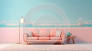 Generating AI illustration of a minimal pastel pink cushion sofa