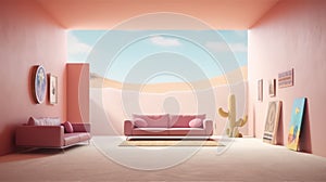 Generating AI illustration of a minimal pastel pink cushion sofa