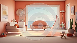 Generating AI illustration of minimal pink cushion sofa and sea window view