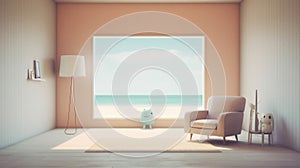 Generating AI illustration of pastel pink cushion chair and sea view