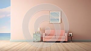 Generating AI illustration of pastel pink cushion sofa and partial sea view