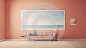 Generating AI illustration of pastel pink cushion sofa and picture frame of sea beach