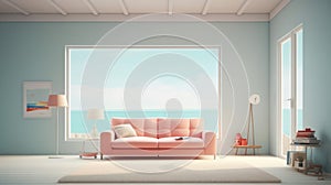 Generating AI illustration of pastel pink cushion sofa and sea window view
