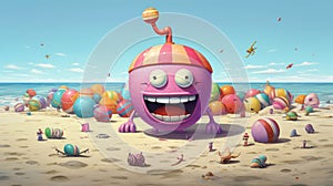 Generating AI illustration of a weird smiling purple monster on beach and sea view background