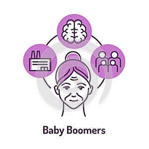 Generation baby boomers color line icon on violet background. Lifestyle: factory work, large family, self-development