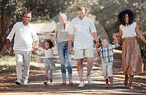 Generation big family walking garden park in summer, travel and freedom in South Africa outdoors. Happy, smile and