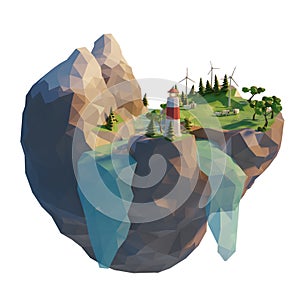 Generation clean energy in 3d low poly style. Floating island wind turbine. Mountain with river and trees. 3d render illustration
