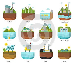 Generation energy types power plant icons vector renewable alternative solar wave illustration